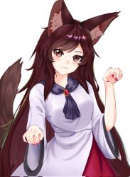 Rule 34 | 1girl, animal ears, blush, brown eyes, brown hair, closed mouth, dress, fingernails, highres, imaizumi kagerou, long fingernails, long hair, looking at viewer, qi lang3568, red nails, simple background, solo, tail, touhou, white background, white dress, wolf ears, wolf girl, wolf tail