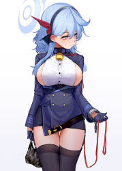 Rule 34 | 1girl, ako (blue archive), areola slip, bag, bell, black thighhighs, blue archive, blue eyes, blue hair, blue jacket, blue skirt, blush, breasts, buttons, closed mouth, collarbone, cowboy shot, cuffs, double-breasted, ear blush, framed breasts, garter straps, gloves, hairband, half gloves, halo, highres, holding, holding bag, jacket, large breasts, leash, long hair, long sleeves, looking away, miniskirt, neck bell, pencil skirt, shirt, skirt, solo, suitshark, tearing up, tears, thighhighs, white shirt