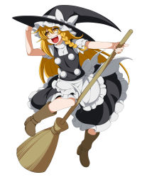 Rule 34 | &gt;:d, 1girl, :d, blonde hair, boots, bow, braid, broom, eichi yuu, hair bow, hair ribbon, hat, holding, kirisame marisa, long hair, looking away, open mouth, ribbon, simple background, single braid, smile, solo, touhou, v-shaped eyebrows, very long hair, white background, witch hat, yellow eyes