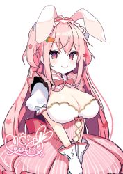 Rule 34 | 1girl, animal ears, blush, breasts, carrot hair ornament, cleavage, closed mouth, commentary request, dress, food-themed hair ornament, gloves, hair between eyes, hair ornament, highres, large breasts, long hair, looking at viewer, original, pink dress, pink hair, pleated dress, puffy short sleeves, puffy sleeves, rabbit ears, red eyes, shiika yuno, short sleeves, signature, simple background, smile, solo, striped clothes, striped dress, two side up, v arms, vertical-striped clothes, vertical-striped dress, very long hair, white background, white gloves