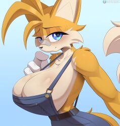 Rule 34 | 1girl, 2 tails, absurdres, animal ears, animal nose, artist name, bandage on face, bandage on nose, bandages, blue eyes, blush, breasts, canine ears, clothes, cooliehigh, eyebrows, eyelashes, feet out of frame, female focus, fox ears, fox girl, fox tail, furry, furry female, genderswap, genderswap (mtf), gloves, highres, huge breasts, looking at viewer, overalls, overalls only, sega, short hair, signature, simple background, solo, solo focus, sonic (series), subscribestar username, sweat, sweatdrop, tail, tails (sonic), tailsko, white fur, wide hips, yellow fur