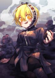 Rule 34 | 1girl, blonde hair, bob cut, don quixote (project moon), e.g.o (project moon), hair between eyes, highres, holding, holding rock, korean clothes, limbus company, pmchell 04, project moon, rock, short sleeves, solo, tagme, yellow eyes