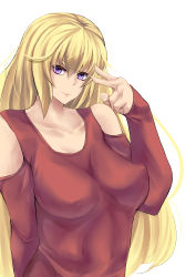 Rule 34 | 1girl, absurdres, bad id, bad pixiv id, bare shoulders, blonde hair, breasts, covered erect nipples, female focus, highres, large breasts, long hair, looking at viewer, original, purple eyes, raycat, simple background, solo, v, white background