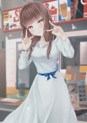 Rule 34 | 1girl, absurdres, alternate costume, blue bow, blunt bangs, blurry, blurry background, blush, bow, breasts, brown eyes, brown hair, closed mouth, collarbone, commentary request, depth of field, double v, dress, hair ornament, hair over shoulder, hands up, highres, iino miko, kaguya-sama wa kokurasetai ~tensai-tachi no renai zunousen~, long hair, long sleeves, looking at viewer, low twintails, medium breasts, outdoors, ponzu (udon), sign, smile, solo, striped, twintails, v, watch, white dress, wristwatch