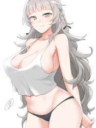 Rule 34 | 1girl, 9rimson, azur lane, bare shoulders, black panties, blunt bangs, braid, breasts, camisole, closed mouth, collarbone, commission, cowboy shot, green eyes, groin, highres, huge breasts, light blush, long hair, looking at viewer, navel, panties, signature, simple background, skeb commission, smile, solo, stomach, twin braids, underwear, vittorio veneto (azur lane), white background, white camisole, white hair