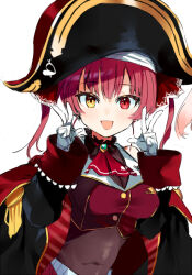 Rule 34 | 1girl, ascot, black leotard, blush, breasts, cleavage, cropped jacket, double v, gloves, hair ribbon, hat, heterochromia, hololive, houshou marine, jacket, large breasts, leotard, long sleeves, looking at viewer, open mouth, pinch (nesume), pirate hat, red ascot, red eyes, red hair, red jacket, red ribbon, ribbon, see-through, see-through cleavage, simple background, sleeveless, sleeveless jacket, solo, twintails, v, virtual youtuber, white background, white gloves, yellow eyes