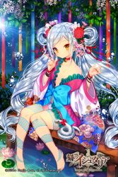 Rule 34 | 1girl, age of ishtaria, bad id, bad pixiv id, barefoot, bell, blue bow, blue hair, bow, bracelet, bubble, collar, copyright name, copyright notice, flat chest, floral print, flower, gambe, hair flower, hair ornament, hair rings, jewelry, lily pad, long hair, neck bell, panties, sitting, smile, snake, solo, underwear, very long hair, water, watermark, white panties, wide sleeves, yellow eyes