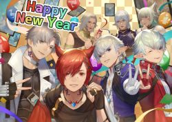 Rule 34 | alisaie leveilleur, alphinaud leveilleur, balloon, checkered background, confetti, estinien varlineau, everyone, final fantasy, final fantasy xiv, g&#039;raha tia, happy new year, miqo&#039;te, moogle, multiple boys, multiple girls, new year, party, party popper, photo (object), pointy ears, red eyes, shin716, sign language, thancred waters, urianger augurelt, v, white hair, y&#039;shtola rhul