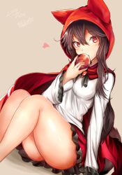 Rule 34 | 1girl, animal hood, apple, ass, bare legs, blouse, breasts, brooch, brown hair, cape, food, fruit, heart, highres, hood, houdukixx, imaizumi kagerou, jewelry, little red riding hood (grimm), long hair, looking at viewer, medium breasts, miniskirt, red eyes, red skirt, shirt, sidelocks, sitting, skirt, solo, tail, touhou, white shirt, white shirt, wolf tail