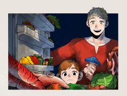 Rule 34 | 2boys, bell pepper, black eyes, blonde hair, bottle, brown hair, cabbage, carrot, chilchuck tims, closed mouth, dobu dive, dungeon meshi, food, highres, holding, holding food, jar, laios touden, linked sausages, male focus, mandrake, multiple boys, mushroom, open mouth, pepper, red shirt, refrigerator, sausage, shirt, tentacles, vegetable, walking mushroom (dungeon meshi)