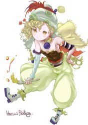 Rule 34 | 1girl, art brush, bare shoulders, blonde hair, breasts, choker, closed mouth, earrings, final fantasy, final fantasy vi, full body, hat, highres, jewelry, knife, long hair, looking at viewer, paintbrush, puddinghomhom, relm arrowny, simple background, small breasts, smile, solo, strapless, white background, yellow eyes