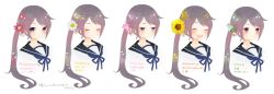 Rule 34 | 10s, 1girl, :d, ^ ^, akebono (kancolle), bell, blush, clover, clover hair ornament, daisy, expressions, closed eyes, flower, hair bell, hair flower, hair ornament, kantai collection, long hair, looking at viewer, md5 mismatch, neck ribbon, open mouth, purple eyes, purple hair, resized, ribbon, school uniform, serafuku, side ponytail, smile, sumisu (rinsumi), sunflower, translation request, upper body