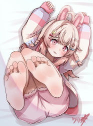Rule 34 | 1girl, absurdres, ahoge, animal ears, ass, barefoot, blush, boppin, braid, commentary, feet, foot focus, hair ornament, heart, heart hair ornament, highres, jacket, legs up, long hair, long sleeves, looking at viewer, lying, on back, on bed, open mouth, pajamas, phase connect, pink eyes, pink hair, pink jacket, pink pajamas, pink shorts, pipkin pippa, pipkin pippa (1st costume), rabbit ears, rabbit girl, rabbit hair ornament, shorts, sidelocks, sleeves past wrists, smile, soles, solo, toes, virtual youtuber