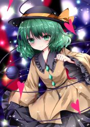 Rule 34 | 1girl, black hat, black skirt, blurry, blurry background, blush, bow, brown bow, brown shirt, closed mouth, collared shirt, depth of field, frilled shirt collar, frills, green eyes, green hair, hair between eyes, hat, hat bow, heart, komeiji koishi, long sleeves, looking at viewer, nanase nao, pleated skirt, shirt, skirt, smile, solo, third eye, touhou, wide sleeves