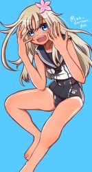 Rule 34 | 1girl, barefoot, black one-piece swimsuit, black sailor collar, blonde hair, blue background, blue eyes, cat earthen pot, character name, commentary request, crop top, feet out of frame, flower, hair flower, hair ornament, highres, kantai collection, long hair, looking at viewer, one-hour drawing challenge, one-piece swimsuit, one-piece tan, open mouth, ro-500 (kancolle), sailor collar, school swimsuit, shirt, sleeveless, sleeveless shirt, smile, solo, swimsuit, swimsuit under clothes, tan, tanline, teeth, toes, twitter username, upper teeth only