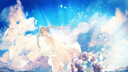Rule 34 | 1girl, absurdres, animal, backlighting, bare arms, bare shoulders, bird, blue sky, blurry, blurry foreground, blush, cloud, commentary request, day, depth of field, dress, flower, fujiwara mizuki, grey eyes, grey hair, hair between eyes, hand up, hatsune miku, highres, long hair, mountain, outdoors, parted lips, purple flower, sky, sleeveless, sleeveless dress, solo, standing, sunlight, twintails, very long hair, vocaloid, white dress