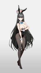 Rule 34 | 1girl, absurdres, animal ears, bare shoulders, black hair, black pantyhose, blue archive, bow, bowtie, breasts, cleavage, commentary, covered navel, detached collar, english commentary, fake animal ears, full body, hair ornament, hairclip, halo, highres, large breasts, leotard, long hair, looking at viewer, no shoes, pantyhose, playboy bunny, rabbit ears, red eyes, reyalp, rio (blue archive), simple background, solo, white background, wrist cuffs