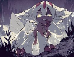 Rule 34 | 1girl, black skin, claws, colored skin, extra arms, faputa, female focus, made in abyss, mekepon, monster girl, ringed eyes, solo, white hair, yellow eyes