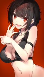 Rule 34 | 1girl, arm strap, black hair, blush, breasts, cleavage, hair tie, hands up, highres, large breasts, long hair, looking at viewer, low twintails, navel, open mouth, original, osa (osaosa), red background, red eyes, short twintails, simple background, smile, solo, twintails, underwear, underwear only