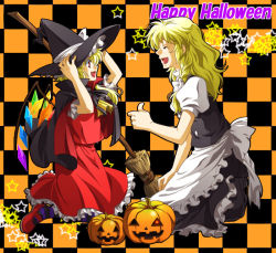 Rule 34 | 2girls, :d, ^ ^, apron, blonde hair, borrowed clothes, braid, broom, checkered background, closed eyes, english text, eye contact, female focus, flandre scarlet, from side, halloween, hand on headwear, happy, happy halloween, hat, headwear switch, jack-o&#039;-lantern, kirisame marisa, kneehighs, looking at another, mikage (mikazuki no koufuku), mikage (pixiv), multiple girls, no headwear, open mouth, pantyhose, pumpkin, red eyes, short hair, side braid, smile, socks, star (symbol), striped clothes, striped legwear, striped pantyhose, thighhighs, touhou, waist apron, wings, witch, witch hat