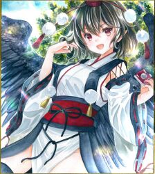 Rule 34 | 1girl, :d, bird wings, black hair, black kimono, black thighhighs, black wings, blue sky, camera, chest sarashi, commentary request, cowboy shot, day, detached sleeves, feathered wings, hajike akira, hand in own hair, happy, hat, highres, holding, holding camera, japanese clothes, kimono, kourindou tengu costume, long sleeves, looking at viewer, open mouth, outdoors, pelvic curtain, pointy ears, pom pom (clothes), red eyes, red hat, red sash, ribbon-trimmed sleeves, ribbon trim, sarashi, sash, shameimaru aya, sky, smile, solo, tassel, thighhighs, tokin hat, touhou, traditional media, tree, white kimono, white sleeves, wide sleeves, wings