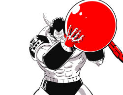 Rule 34 | 1boy, biceps, blank eyes, buffaloman, holding, holding weapon, horns, iron ball, kinnikuman, large pectorals, manly, monster boy, muscular, pectorals, smile, solo, sushio, weapon