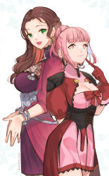 Rule 34 | 2girls, :d, blue hair, blush, bracelet, braid, breasts, brown hair, cleavage, closed mouth, colored inner hair, cowboy shot, dorothea arnault, dress, earrings, female focus, fire emblem, fire emblem: three houses, fire emblem warriors: three hopes, floating hair, gloves, green eyes, highres, hilda valentine goneril, jewelry, kh (tanakananataka), large breasts, long hair, looking at viewer, matching hair/eyes, multicolored hair, multiple girls, nintendo, official alternate costume, official alternate hairstyle, open mouth, pink dress, pink eyes, pink hair, red gloves, red hair, short dress, simple background, smile, standing, twitter username, two-tone hair, underbust, white background