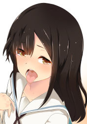 Rule 34 | 1girl, black hair, female focus, highres, noneto, open mouth, original, simple background, solo, teeth, tongue, tongue out, white background