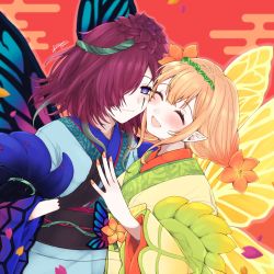 Rule 34 | 2girls, :d, black gloves, blush, butterfly wings, cheek-to-cheek, closed eyes, facial mark, fairy wings, fingernails, fire emblem, fire emblem heroes, gloves, hair over one eye, hair vines, heads together, highres, insect wings, japanese clothes, kimono, misato hao, multicolored hair, multiple girls, nintendo, open mouth, peony (fire emblem), plant, pointy ears, purple eyes, purple hair, sash, shimekazari, signature, smile, thorns, triandra (fire emblem), vines, wings