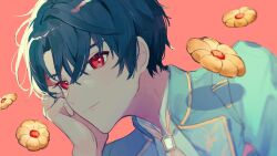 Rule 34 | 1boy, black hair, blue jacket, closed mouth, food, formal, head rest, highres, jacket, long sleeves, looking at viewer, mahoutsukai no yakusoku, male focus, neckerchief, pastry, pink background, piza-chan, red eyes, shino sherwood, shirt, short hair, smile, solo, white shirt, yellow neckerchief