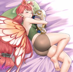 Rule 34 | 1girl, alternate costume, artistic error, ass, bad anatomy, bare shoulders, barefoot, blush, breasts, brown shorts, character doll, closed eyes, commentary, commission, doll, english commentary, fairy, fairy wings, fire emblem, fire emblem heroes, flower, green shirt, hair flower, hair ornament, highres, hug, hugging object, igni tion, kiran (fire emblem), long hair, medium breasts, mirabilis (fire emblem), nintendo, on bed, pink flower, pink hair, pointy ears, reversed foot, shirt, shorts, sleeping, soles, solo, strapless, strapless shirt, thighs, toes, very long hair, wings, wrong foot