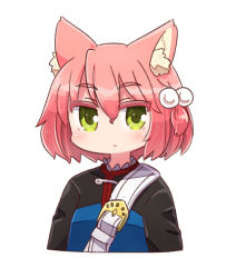 Rule 34 | 1girl, 7th dragon, 7th dragon (series), animal ear fluff, animal ears, belt, belt buckle, blue jacket, blush, buckle, cat ears, closed mouth, commentary request, cropped torso, fighter (7th dragon), green eyes, hair between eyes, hair bobbles, hair ornament, harukara (7th dragon), highres, jacket, looking at viewer, naga u, one side up, pink hair, simple background, solo, upper body, white background, white belt