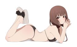 Rule 34 | 1girl, absurdres, ass, bare arms, bare legs, bare shoulders, bikini, black bikini, blunt bangs, blush, breasts, brown eyes, brown hair, closed mouth, coro fae, dot nose, feet up, fingernails, from side, halterneck, highres, iino miko, kaguya-sama wa kokurasetai ~tensai-tachi no renai zunousen~, light smile, long hair, looking at viewer, low twintails, lying, medium breasts, on stomach, paid reward available, platform footwear, sandals, shadow, sideboob, simple background, solo, split mouth, string bikini, swimsuit, the pose, thighs, thong, toenails, toes, twintails, twitter username, underboob, wedge heels, white background