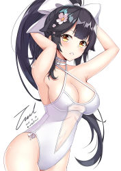 Rule 34 | 1girl, alternate costume, armpits, arms behind head, ass, azur lane, black hair, blush, bow, breasts, brown eyes, casual one-piece swimsuit, cleavage, dated, flower, groin, hair bow, hair flower, hair ornament, large breasts, long hair, looking at viewer, navel, one-piece swimsuit, panties, parted lips, ponytail, sidelocks, signature, simple background, smile, solo, swimsuit, takao (azur lane), takao (beach rhapsody) (azur lane), thighs, twitter username, underwear, unel, very long hair, white background, white bow, white one-piece swimsuit, white panties