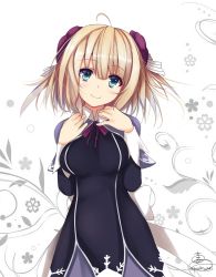 Rule 34 | 1girl, ahoge, black dress, blonde hair, blue eyes, capelet, closed mouth, cowboy shot, dress, flower knight girl, looking at viewer, purple capelet, short hair, signature, smile, snowdrop (flower knight girl), solo, suzume (simple0091), white background
