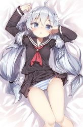 Rule 34 | 1girl, :o, ahoge, arm up, bed sheet, blue eyes, blush, brown sailor collar, brown serafuku, brown shirt, brown skirt, clothes lift, commentary request, darnell, gluteal fold, hair between eyes, hand up, highres, korean commentary, long hair, long sleeves, looking at viewer, low-tied long hair, lying, neckerchief, on back, panties, parted lips, pleated skirt, red neckerchief, sailor collar, school uniform, serafuku, shirt, silver hair, skirt, skirt lift, solo, soulworker, stella unibell, striped clothes, striped panties, underwear, very long hair