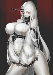 Rule 34 | 10s, 1girl, abyssal ship, bare shoulders, blush, breasts, detached sleeves, dress, horns, huge breasts, ion (cation), kantai collection, looking at viewer, pale skin, red eyes, ribbed dress, ribbed sweater, seaport princess, short dress, sideboob, single horn, sleeveless, sleeveless turtleneck, solo, sweater, sweater dress, thighs, turtleneck