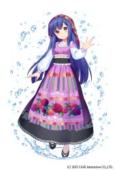 Rule 34 | 1girl, apron, black footwear, blue hair, blush, brown eyes, dress, floral print, full body, gothic wa mahou otome, hand up, highres, jenevan, long sleeves, looking at viewer, official art, purple dress, shawl, shoes, smile, socks, standing, striped clothes, striped legwear, striped socks, vertical-striped clothes, vertical-striped socks, water drop, watermark