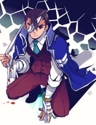 Rule 34 | 1boy, ace attorney, apollo justice, aqua necktie, bandage over one eye, bandage pull, bandaged arm, bandages, black footwear, blood, blood on face, bloody bandages, blue jacket, bracelet, brown eyes, brown hair, buttons, collared jacket, collared shirt, fingernails, forked eyebrows, formal, high collar, highres, jacket, jacket on shoulders, jewelry, looking at viewer, loose bandages, male focus, necktie, one eye covered, pants, pocket, ragi (od6fine), red pants, red suit, red vest, shirt, sleeves rolled up, solo, squatting, suit, two-tone background, v-shaped eyebrows, vest, white shirt