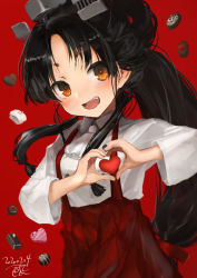 Rule 34 | 1girl, alternate costume, black hair, blush, brown eyes, candy, chocolate, chocolate heart, dated, fang, food, headgear, heart, heart hands, high ponytail, kantai collection, long hair, nisshin (kancolle), open mouth, ponytail, red background, red skirt, shirt, sidelocks, signature, simple background, skirt, solo, suspender skirt, suspenders, toka (marchlizard), upper body, valentine, white neckwear, white shirt