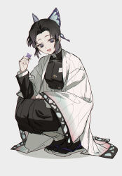 Rule 34 | 1girl, :d, absurdres, bad id, bad pixiv id, black hair, black jacket, black legwear, black pants, butterfly hair ornament, fingernails, flower, forehead, full body, gradient hair, grey background, hair ornament, highres, holding, holding flower, jacket, kimetsu no yaiba, kochou shinobu, long sleeves, looking at viewer, multicolored hair, nail polish, open clothes, open mouth, pants, parted bangs, pink nails, purple eyes, purple flower, purple hair, sandals, shadow, sleeves past wrists, smile, solo, squatting, white footwear, wide sleeves, zhibuji loom, zouri