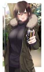 Rule 34 | 1girl, absurdres, black hair, black pants, black sweater, blurry, blurry background, border, can, canned coffee, drink can, fur-trimmed jacket, fur trim, green eyes, green jacket, hair between eyes, highres, holding, holding can, jacket, lantern, looking at viewer, onineko-chan, open clothes, open jacket, open mouth, original, outdoors, outstretched arm, pants, short hair, steam, sweater, turtleneck, turtleneck sweater, white border