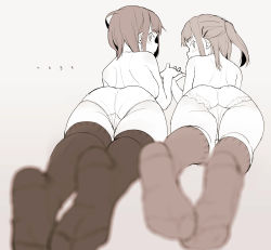 Rule 34 | 2girls, ass, blurry, blurry foreground, blush, closed mouth, commentary request, depth of field, feet, from behind, full body, hair ornament, hairclip, highres, holding hands, looking at viewer, looking back, lying, medium hair, monochrome, multiple girls, neyuki rei, on stomach, original, panties, profile, sepia, short hair, simple background, soles, thighhighs, topless, twintails, underwear, underwear only