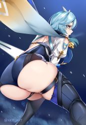 Rule 34 | 1girl, absurdres, ass, bare shoulders, blue hair, breasts, cape, eula (genshin impact), from behind, from below, genshin impact, gloves, hairband, highres, huge ass, large breasts, long hair, open mouth, shiny clothes, shiny skin, short shorts, shorts, sideboob, solo, thighhighs, unitard, xkit, yellow eyes