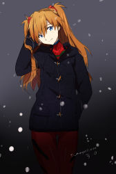 Rule 34 | 10s, 1girl, bad id, bad pixiv id, blue eyes, brown hair, coat, cowboy shot, evangelion: 3.0 you can (not) redo, gloves, hand in pocket, long hair, looking at viewer, neon genesis evangelion, rebuild of evangelion, smile, snow, solo, souryuu asuka langley, thigh gap, toggles, ume (plumblossom)