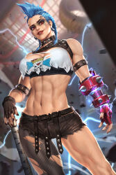Rule 34 | 1girl, black bra, black nails, blue hair, blurry, blurry background, bra, braid, brown gloves, brown shorts, collar, cowboy shot, crop top, earrings, electricity, facial mark, fingerless gloves, fishnet pantyhose, fishnets, gauntlets, gloves, highres, holding, holding weapon, jewelry, junker queen (overwatch), lip piercing, mohawk, muscular, muscular female, navel, neoartcore, overwatch, overwatch 2, pantyhose, patreon username, piercing, red eyes, shirt, short shorts, shorts, single gauntlet, single leg pantyhose, studded armlet, studded collar, toned, torn clothes, torn pantyhose, torn shirt, underwear, weapon, white shirt