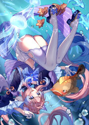 Rule 34 | 1girl, absurdres, ass, blue bow, blue dress, bow, commentary request, dress, fish, genshin impact, gloves, highres, long hair, long sleeves, navel, pink hair, purple eyes, sangonomiya kokomi, solo, stomach, thighhighs, thighs, underwater, upside-down, very long hair, wanatsu 15, white gloves, white thighhighs