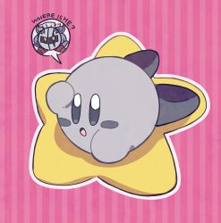 Rule 34 | blush, blush stickers, dark meta knight, english text, full body, grey eyes, highres, kirby, kirby (series), looking down, lying, miwa (ahyuck), nintendo, no humans, on stomach, open mouth, outline, pink background, searching, shading eyes, simple background, solid oval eyes, solo, speech bubble, spoken character, star (symbol), striped, striped background, talking, warp star, white outline