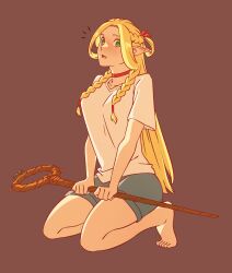 Rule 34 | 1girl, absurdres, bare arms, bare legs, barefoot, blonde hair, braid, breasts, brown background, casual, choker, commentary request, dungeon meshi, elf, french braid, from side, full body, green eyes, grey shorts, highres, holding, holding staff, kneeling, korean commentary, large breasts, long hair, looking at viewer, marcille donato, multiple braids, noeul, open mouth, parted bangs, parted lips, pointy ears, red background, shirt, short sleeves, shorts, side braid, solo, sprout, staff, t-shirt, white shirt