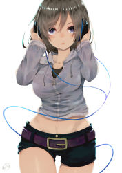 Rule 34 | 1girl, artist name, belt, black shirt, blue eyes, blush, breasts, brown hair, cable, chita (ketchup), collarbone, cowboy shot, hair between eyes, hands on headphones, hands up, headphones, highres, hip focus, hood, hoodie, large breasts, looking at viewer, midriff, navel, original, parted lips, shirt, short shorts, shorts, signature, simple background, solo, swept bangs, thigh gap, thighs, white background